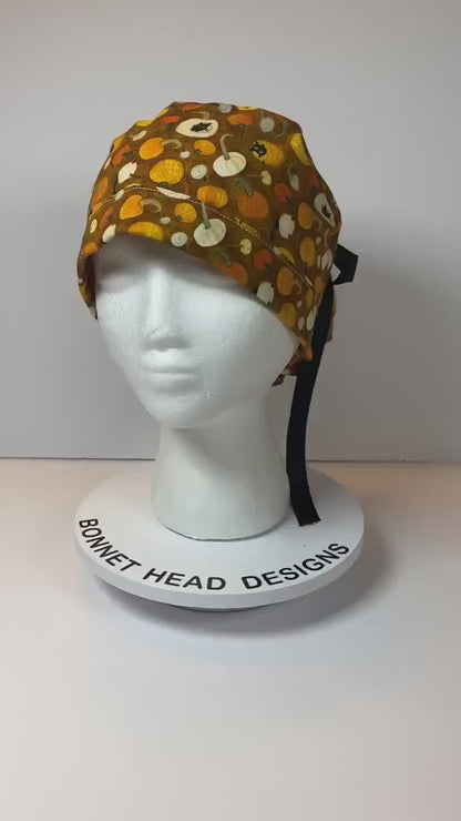 Cats and pumpkins scrub hat, women’s fall scrub hat, Bonnet Head Designs