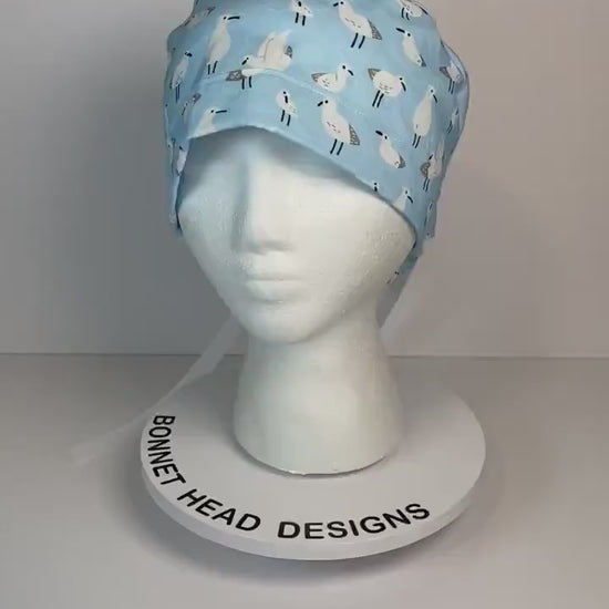 Sea bird print womens scrub cap, summer ponytail scrub cap, Bonnet Head Designs