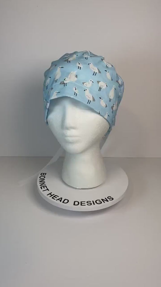 Sea bird print womens scrub cap, summer ponytail scrub cap, Bonnet Head Designs