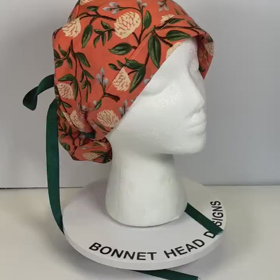 Pink peony spring floral ponytail scrub cap, Rifle Paper Co pink peonies premium scrub hat, Bonnet Head Designs