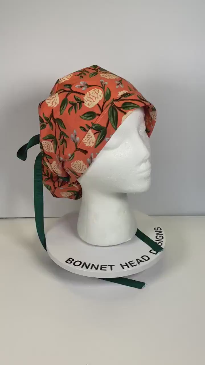 Pink peony spring floral ponytail scrub cap, Rifle Paper Co pink peonies premium scrub hat, Bonnet Head Designs