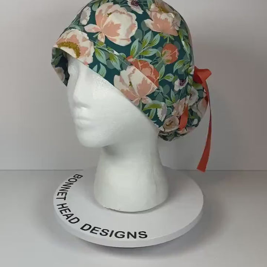 Peach and mint floral ponytail scrub cap, women’s summer floral ponytail scrub hat, Bonnet Head Designs