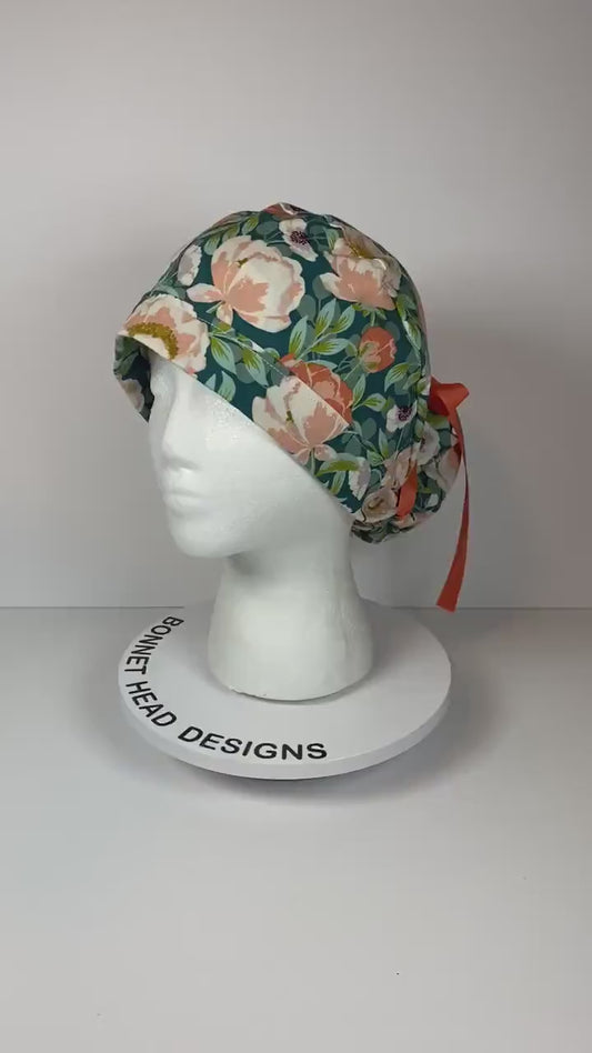 Peach and mint floral ponytail scrub cap, women’s summer floral ponytail scrub hat, Bonnet Head Designs