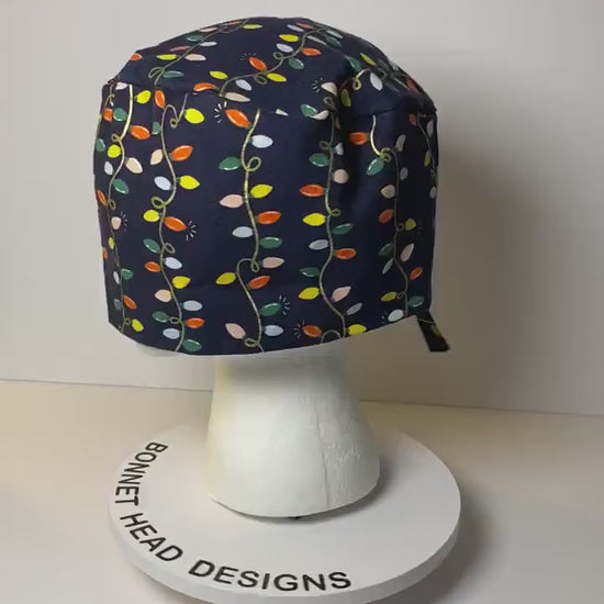 Men’s Navy Christmas lights scrub cap, Rifle Paper Co holiday fabric scrub hat