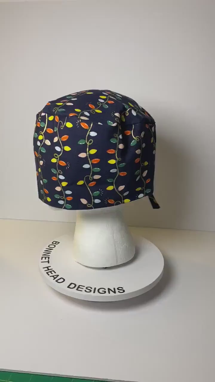 Men’s Navy Christmas lights scrub cap, Rifle Paper Co holiday fabric scrub hat