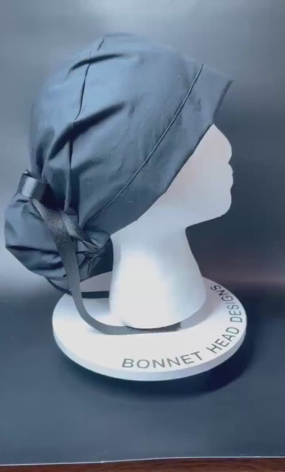 Solid black ponytail scrub hat, women’s black ponytail scrub cap