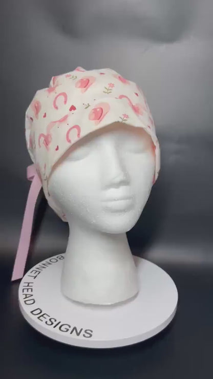 Cowgirl Scrub Cap: Organic Cotton Ponytail Hat with Pink Ribbon
