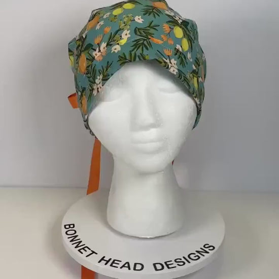 Teal citrus floral ponytail scrub hat, citrus floral scrub cap, Bonnet Head Designs