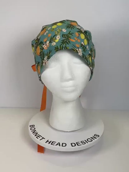 Teal citrus floral ponytail scrub hat, citrus floral scrub cap, Bonnet Head Designs