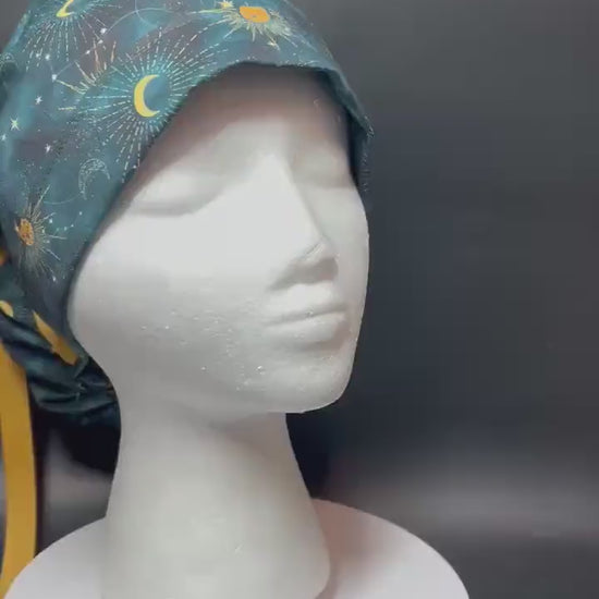 Celestial Sun and Stars Scrub Cap with Ponytail Pouch and Cinch Ties