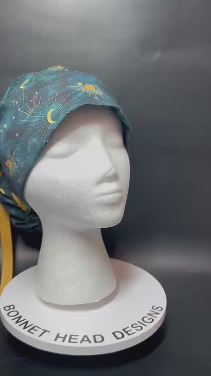 Celestial Sun and Stars Scrub Cap with Ponytail Pouch and Cinch Ties