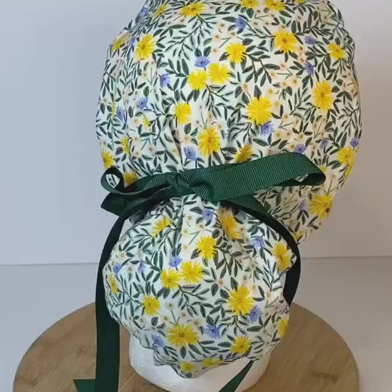 Rifle Paper Co fabric Daisy fields fabric scrub cap, yellow floral ponytail womens scrub cap