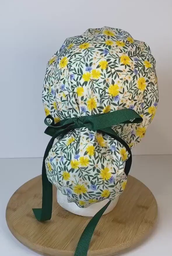 Rifle Paper Co fabric Daisy fields fabric scrub cap, yellow floral ponytail womens scrub cap