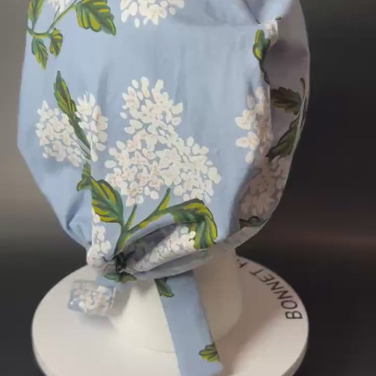 Rifle Paper co blue hydrangea fabric tie back scrub cap, women’s spring  hydrangeas floral scrub cap pixie style , Bonnet Head Designs