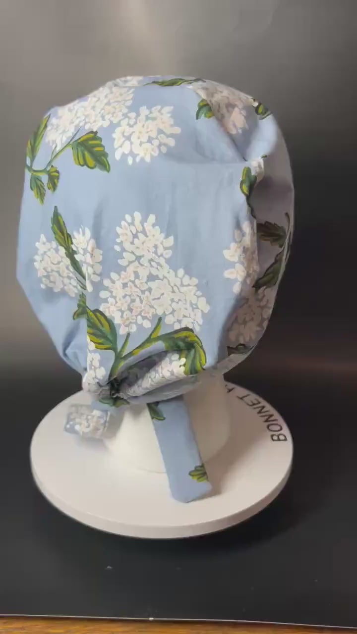 Rifle Paper co blue hydrangea fabric tie back scrub cap, women’s spring  hydrangeas floral scrub cap pixie style , Bonnet Head Designs