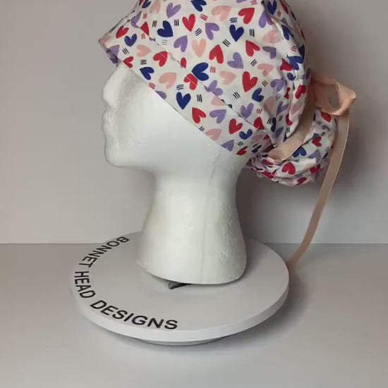 Valentine’s Day scrub cap, heart print women’s scrub cap, Bonnet Head Designs