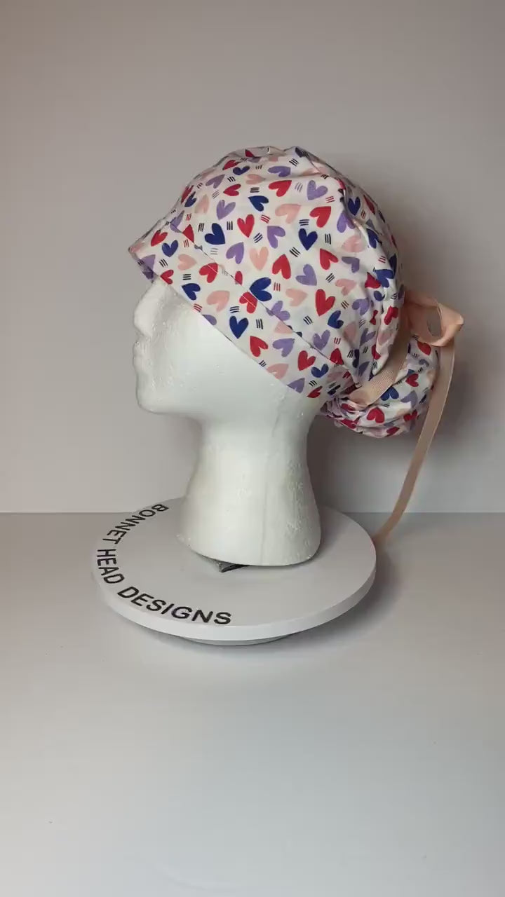 Valentine’s Day scrub cap, heart print women’s scrub cap, Bonnet Head Designs