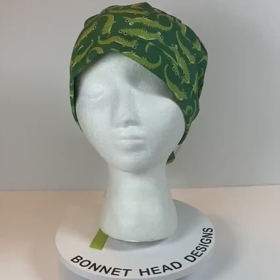 See ya later alligator women's ponytail scrub cap, green alligator scrub hat, Bonnet Head Designs