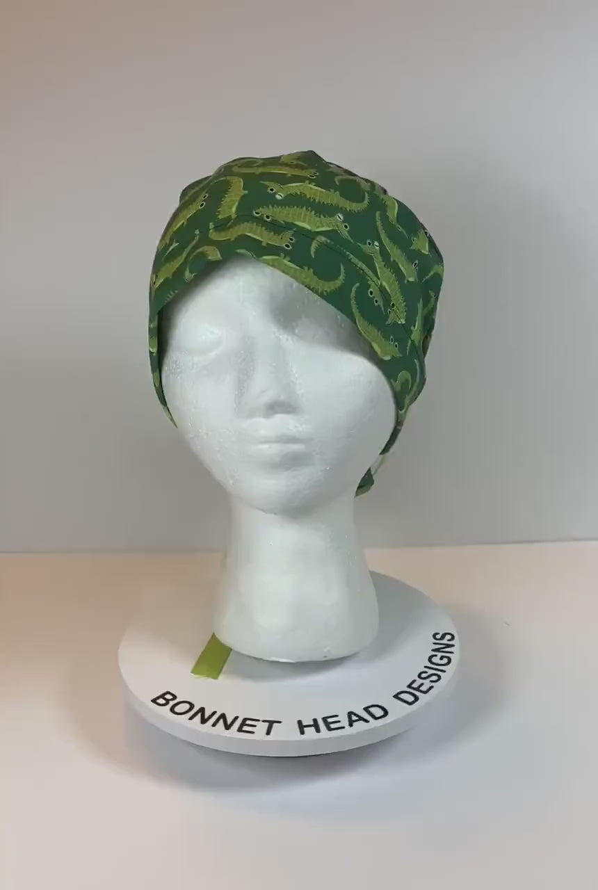 See ya later alligator women's ponytail scrub cap, green alligator scrub hat, Bonnet Head Designs