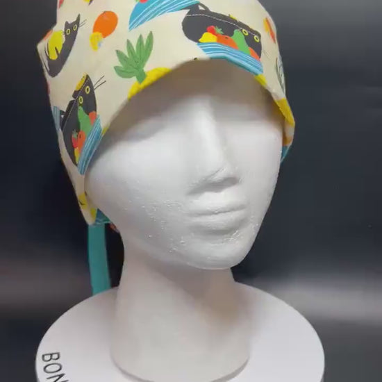 Cats and Fruits Ponytail Scrub Cap | Adjustable Ribbon Tie Nurse Hat