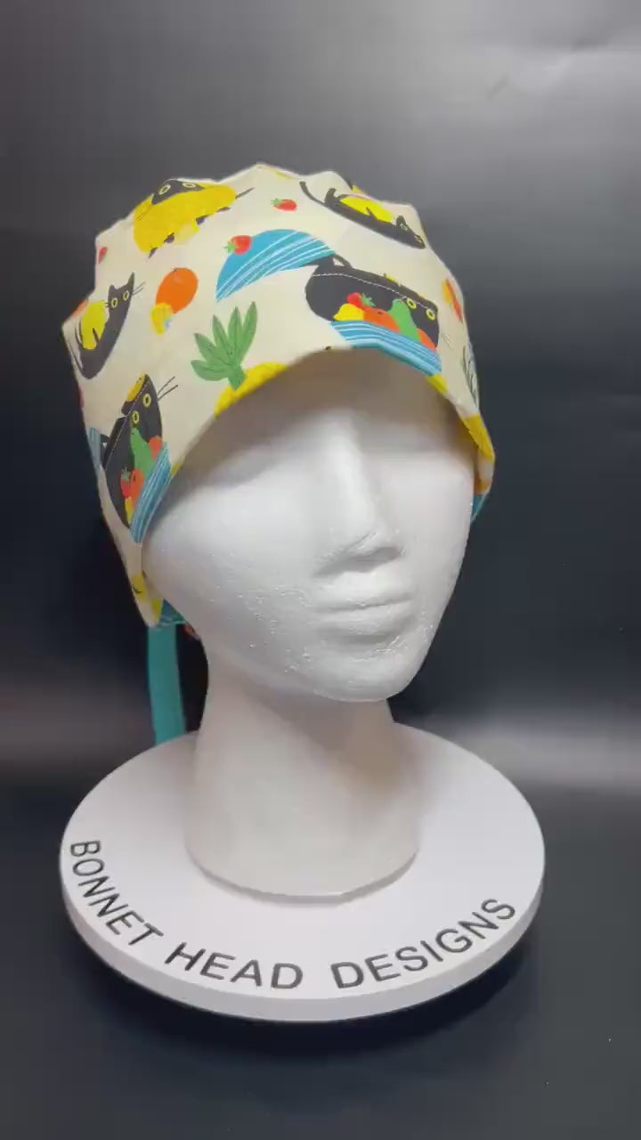 Cats and Fruits Ponytail Scrub Cap | Adjustable Ribbon Tie Nurse Hat