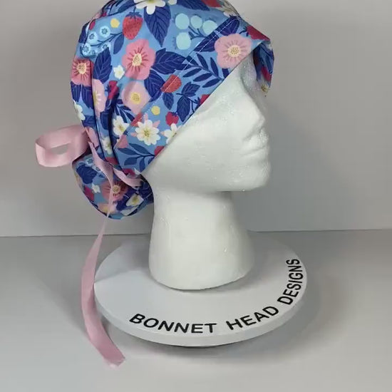 summer strawberry print ponytail scrub cap, summer berries scrub hat