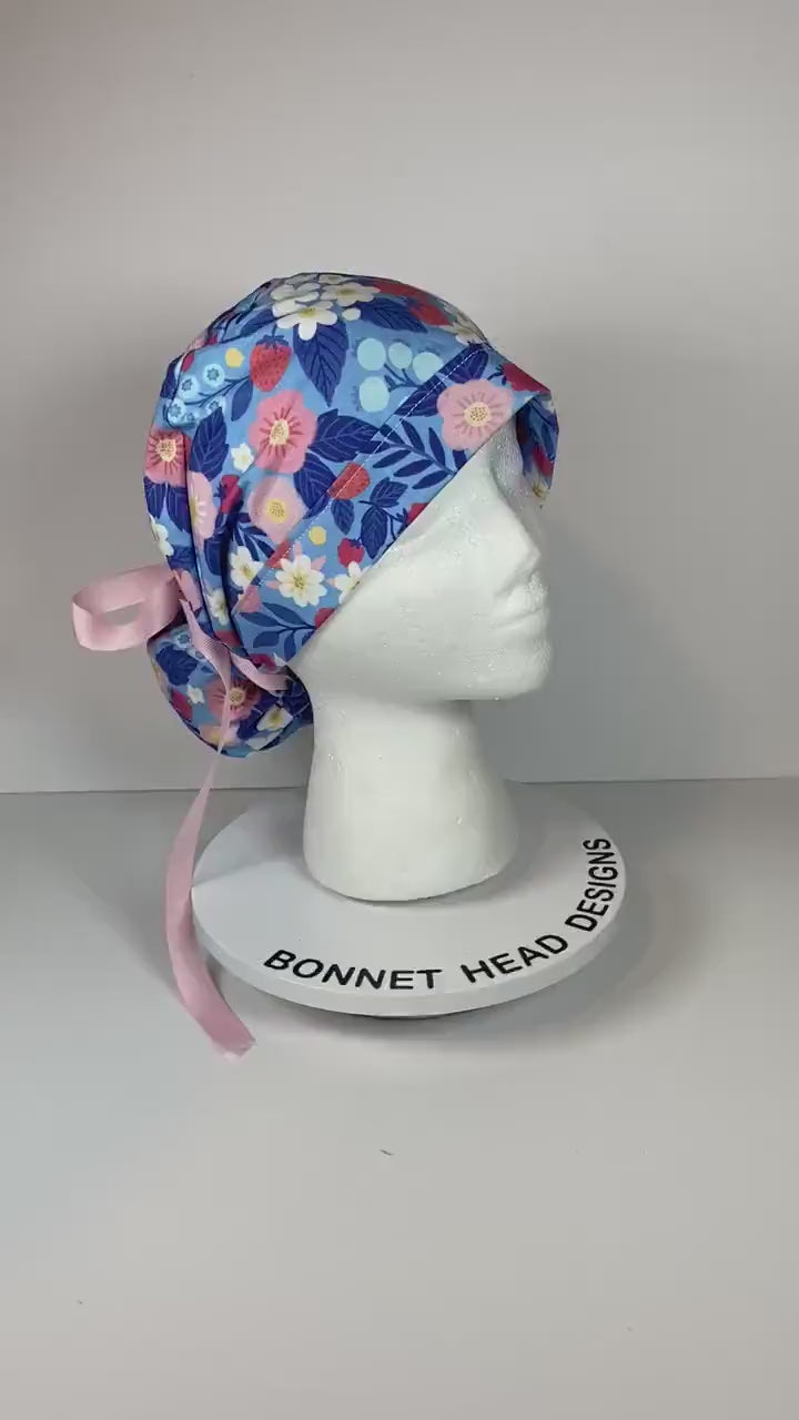 summer strawberry print ponytail scrub cap, summer berries scrub hat