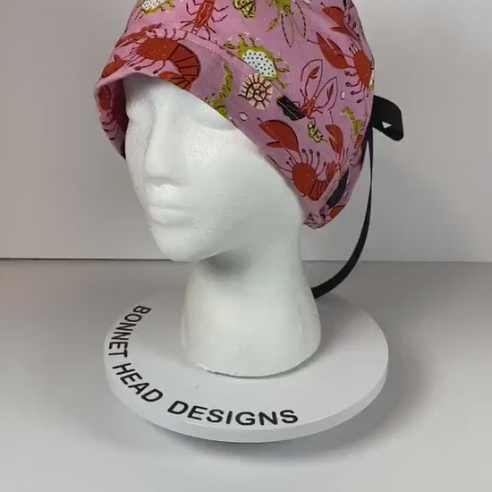 Lobster print scrub cap, pink and black summer scrub cap, women’s scrub cap lobsters, Bonnet Head Designs