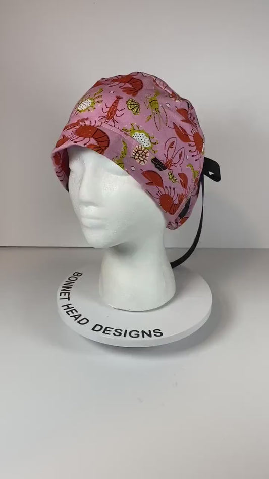 Lobster print scrub cap, pink and black summer scrub cap, women’s scrub cap lobsters, Bonnet Head Designs