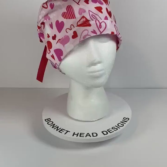 Valentine’s Day women’s scrub cap, pink heart print women’s scrub hat, Bonnet Head Designs