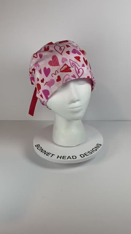 Valentine’s Day women’s scrub cap, pink heart print women’s scrub hat, Bonnet Head Designs