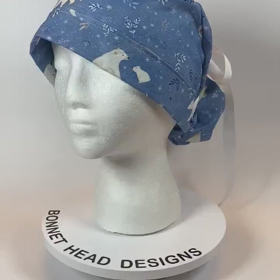 Winter scrub cap with penguins and polar bears, ponytail scrub hat polar bears, Bonnet Head Designs