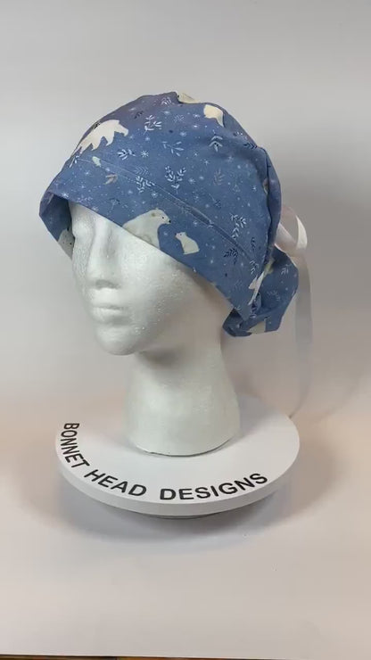 Winter scrub cap with penguins and polar bears, ponytail scrub hat polar bears, Bonnet Head Designs