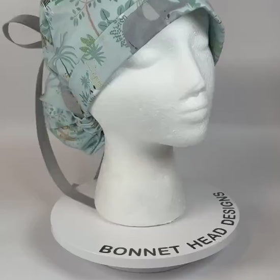 Jungle print ponytail scrub hat, elephant and giraffe print surgical cap, Bonnet Head Designs