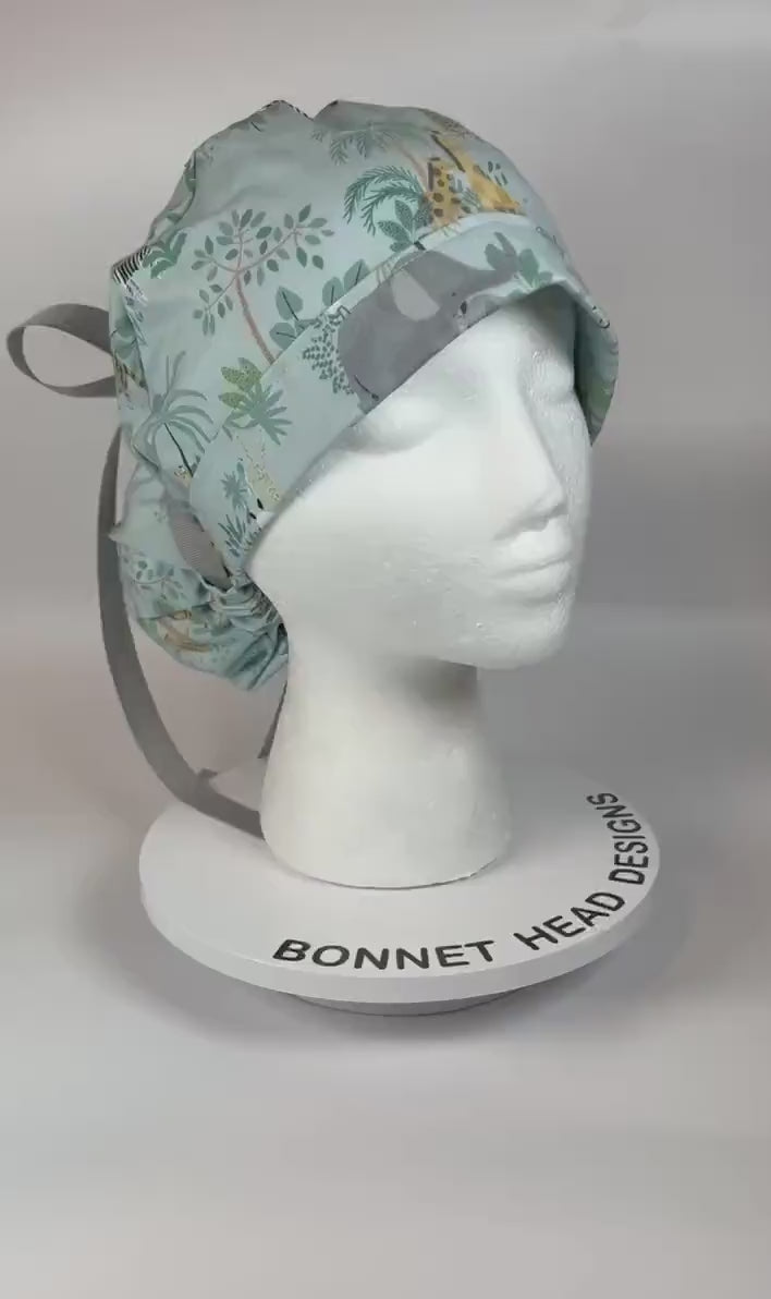 Jungle print ponytail scrub hat, elephant and giraffe print surgical cap, Bonnet Head Designs