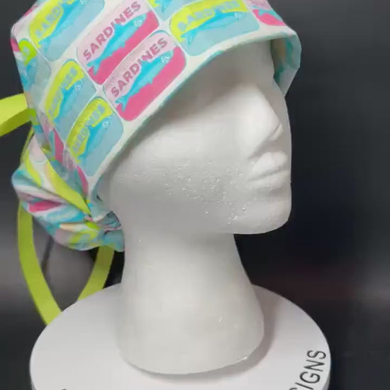 Sardines Print Ponytail Scrub Cap with ribbon ties