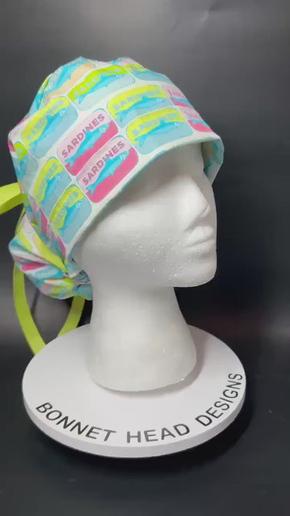 Sardines Print Ponytail Scrub Cap with ribbon ties