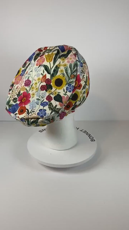 Rifle Paper Co Curio cream floral  euro style scrub cap, women’s sunflower euro scrub hat floral, Bonnet Head Designs