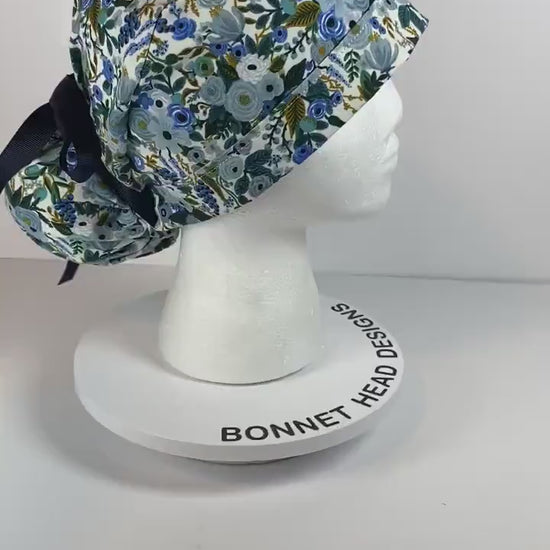 Rifle paper fabric ponytail scrub hat, petite garden party blue surgical cap, Bonnet Head Designs