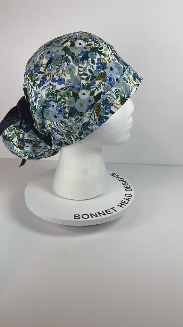 Rifle paper fabric ponytail scrub hat, petite garden party blue surgical cap, Bonnet Head Designs