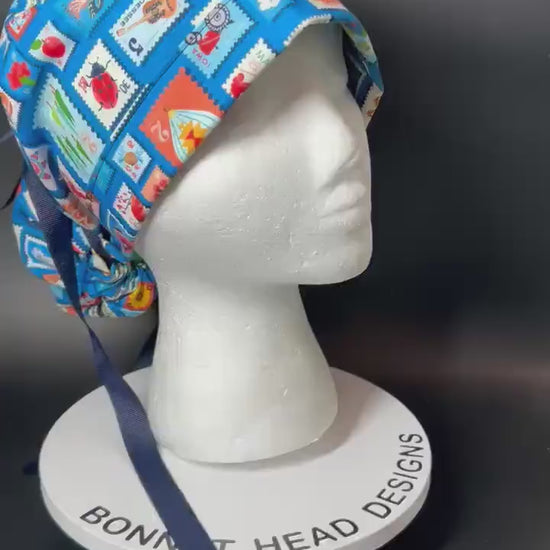 Cross Country ponytail scrub cap, state stamps print women’s scrub cap with satin lining option