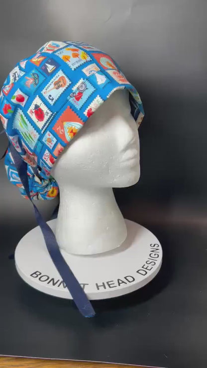 Cross Country ponytail scrub cap, state stamps print women’s scrub cap with satin lining option