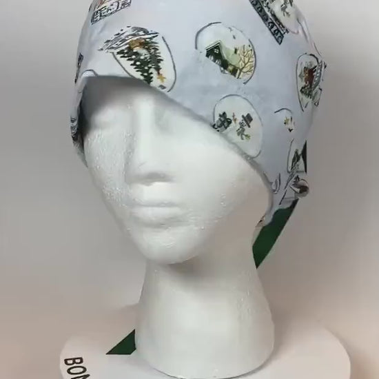 Snow globe scrub cap, winter scrub hat, holiday print scrub cap, scrub cap Christmas, Bonnet Head Designs