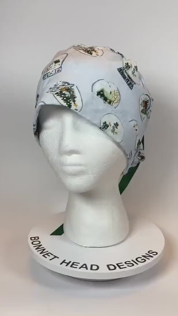 Snow globe scrub cap, winter scrub hat, holiday print scrub cap, scrub cap Christmas, Bonnet Head Designs