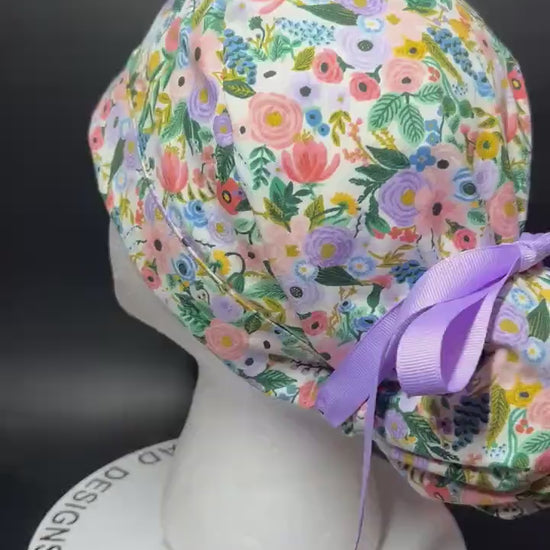 Rifle Paper Co Scrub Cap| Women's Ponytail Style| Cream Petite Garden Party Floral fabric