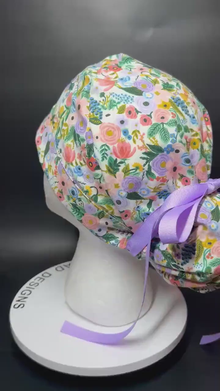 Rifle Paper Co Scrub Cap| Women's Ponytail Style| Cream Petite Garden Party Floral fabric