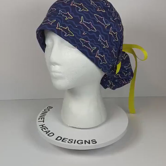 Shark print scrub cap, women’s ponytail navy shark print scrub hat