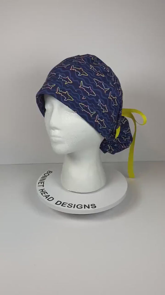 Shark print scrub cap, women’s ponytail navy shark print scrub hat