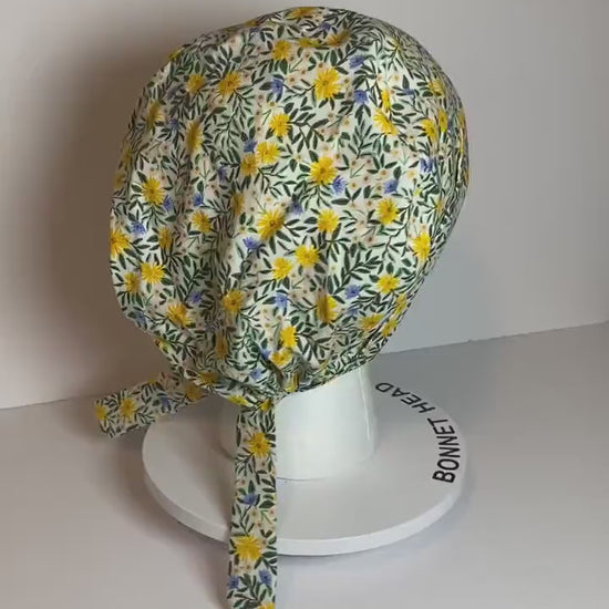 Daisy fields tie back pixie scrub cap, yellow floral scrub hat