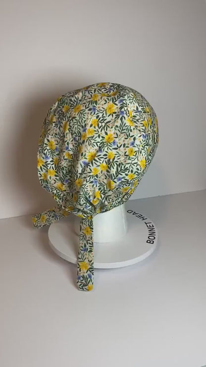 Daisy fields tie back pixie scrub cap, yellow floral scrub hat